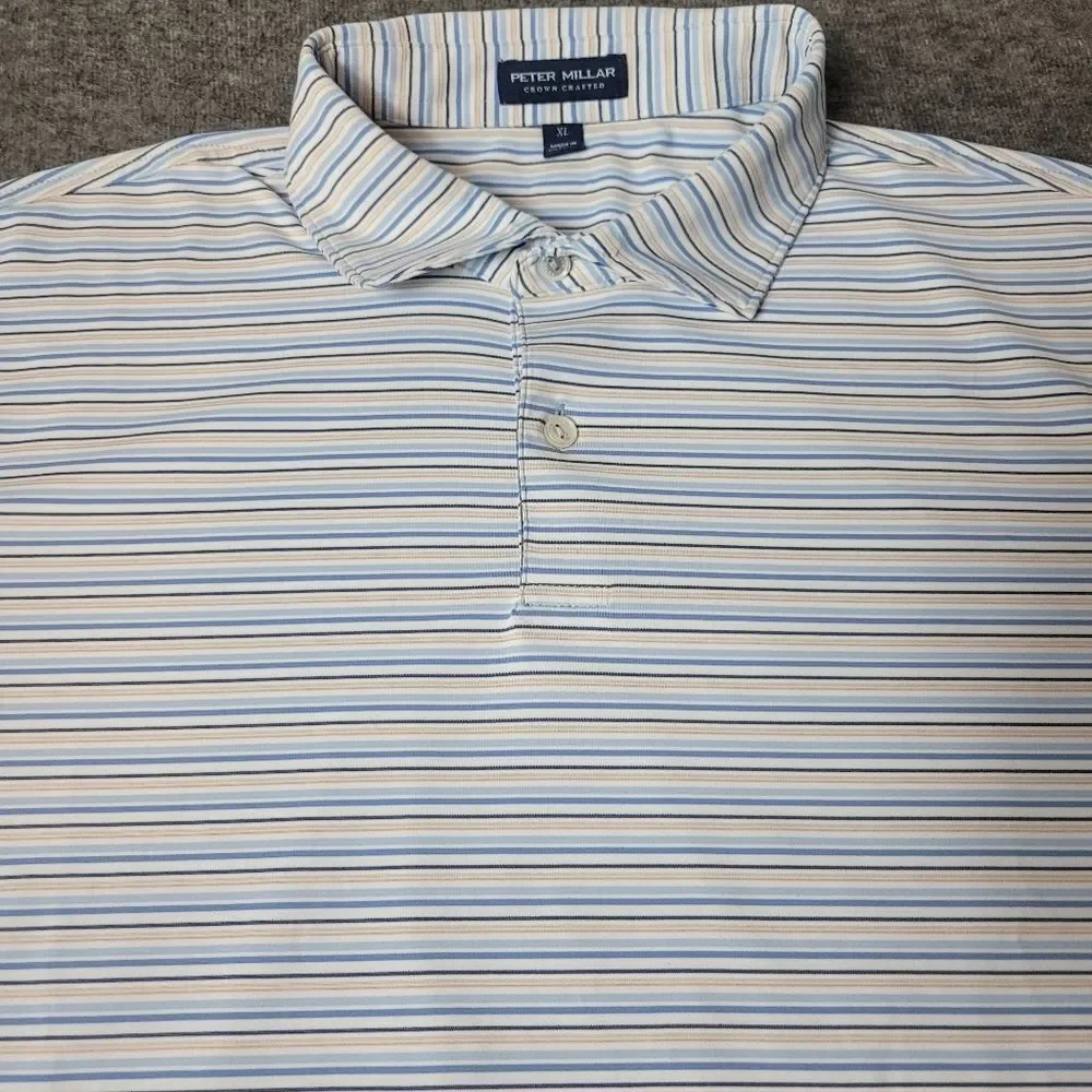 Peter Millar Casely Polo Shirt Mens Sz XL Blue Stripe Short Sleeve Crown Crafted
